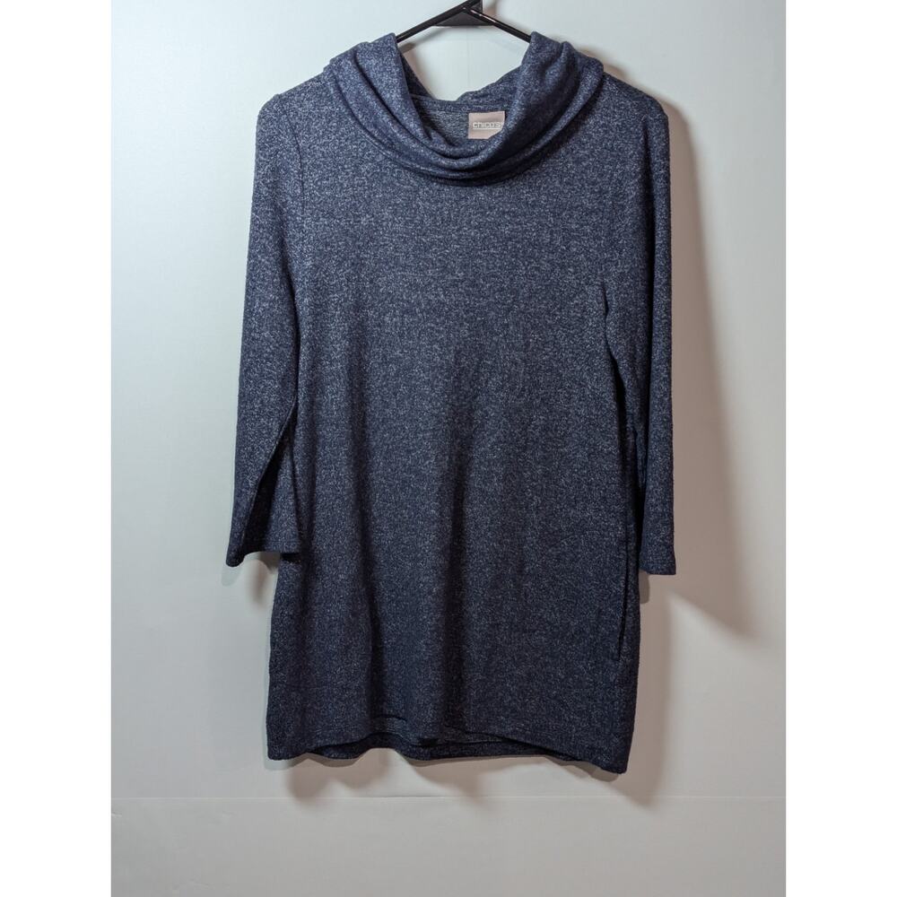 Chico's Cowl Neck Sweater Shirt Tunic Blue Flecked Size Small 0 Pullover Pockets